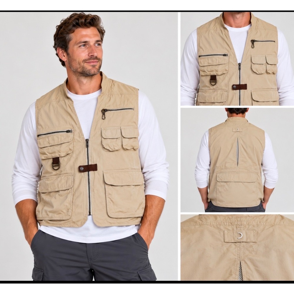 Reel Legends Mens XL Khaki Fishing Vest Multi-Pocket Mesh Lined Utility Gorpcore